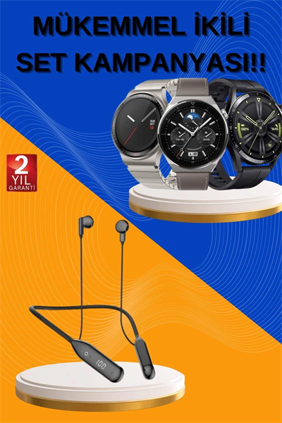 Alarm ve Titreşim Özellikli Akıllı Saat ve Mikrofonlu Kablolu Bluetooth Kulaklık 60 Saat