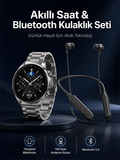 Alarm ve Titreşim Özellikli Akıllı Saat ve Mikrofonlu Kablolu Bluetooth Kulaklık 60 Saat