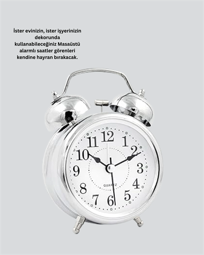 Alarmlı Dekoratif Yuvarlak Masa Saati Gümüş Renk Sessiz ve Işıklı