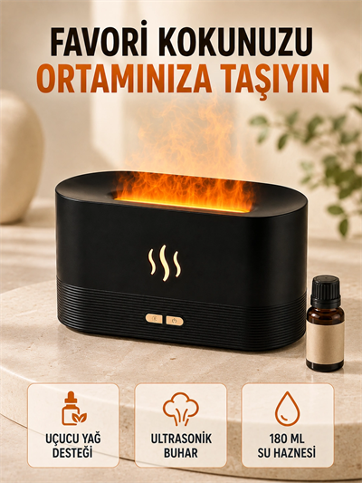 Alev Efektli Aroma Difüzörü Uçucu Yağ Destekli USB Hava Nemlendirici
