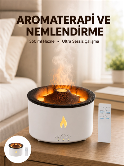 Alev Efektli Aromaterapi Difüzörü – 360 ml Su Hazneli, Sessiz ve Zaman Ayarlı Yeni Nesil