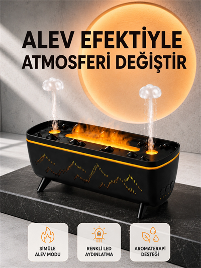 Alev Efektli Hava Nemlendirici 280 ML Esansiyel Yağ Uyumlu Jöle Yağmur Efektli Difüzör