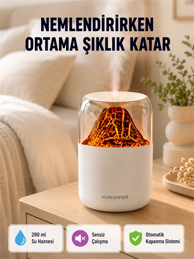 Alev Efektli Ultrasonik Uçucu Yağ Difüzörü 280ml Su Tanklı ve Sessiz Çalışma Özellikli