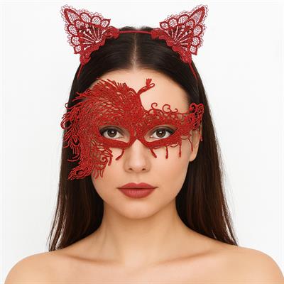 Alevin Zarafeti Kırmızı Dantel Maske ve Taç Seti 4 No – Kadın Kostüm Tamamlayıcı (3936)