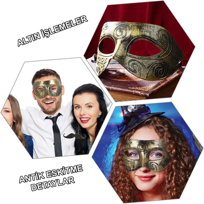 Altın Eskitme Yüz Maskesi - Antik Tarz Balo Maskesi