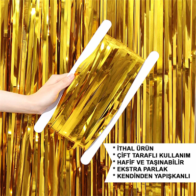 Altın Gold Renk Ekstra Metalize Parlak Saçaklı Arka Fon Perde İthal A Kalite 1x2 Metre Bx40