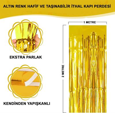 Altın Gold Renk Ekstra Metalize Parlak Saçaklı Arka Fon Perde İthal A Kalite 1x2 Metre (3936)