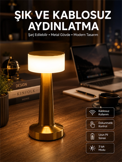 Altın Rengi Masa ve Gece Lambası Dokunmatik Şarjlı Masa Lambası