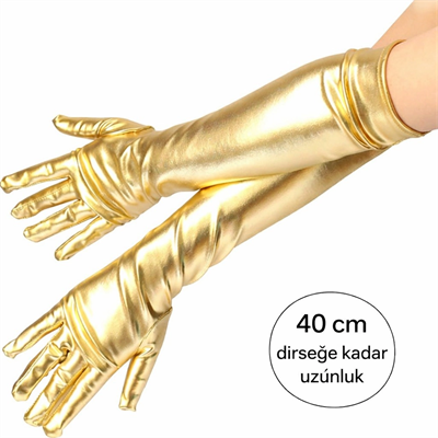 Altın Renk Dirsek Altı Lüks Saten Eldiven 40 Cm