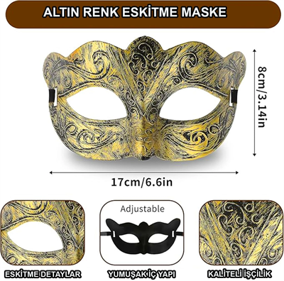 Altın Renk Eskitme Maskeli Balo Maskesi – Venedik Tarzı Parti Maskesi Bx40