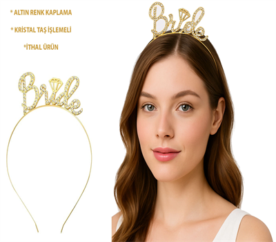 Altın Renkli Taşlı “Bride” Gelin Tacı – El Yazısı Yazı Tipiyle