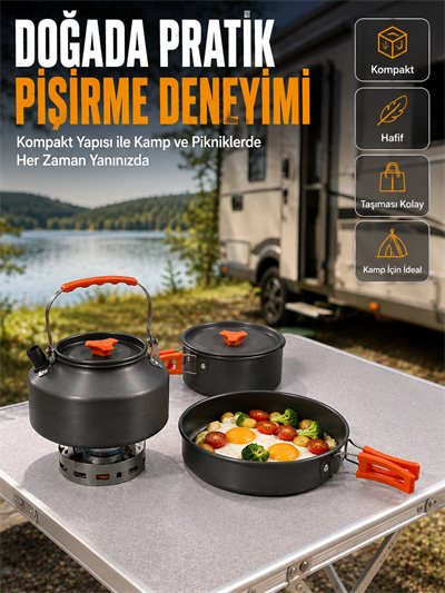 Alüminyum Kamp Pişirme Seti Katlanabilir Kulplu Çaydanlık Tencere Tava Outdoor Yemek Seti