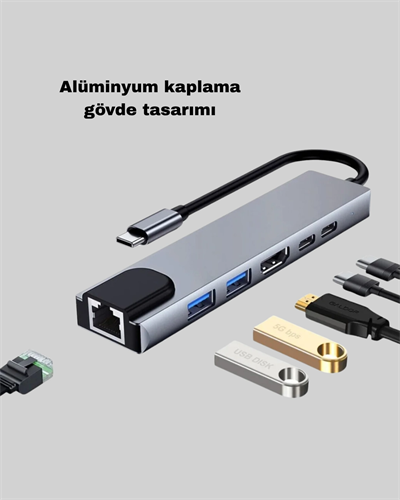 Alüminyum Kasalı MacBook USB-C Hub – 4K HDMI, USB 3.0, SD/TF Kart Girişi, PD Şarj Desteği