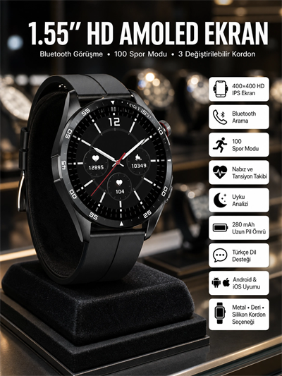 Amoled Ekran 3 Kordonlu Akıllı Saat 5.0 Bluetooth Bağlantılı Android ve İOS Uyumlu