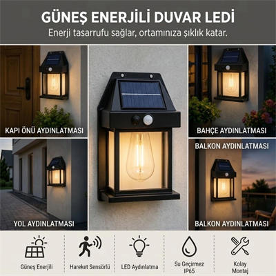 Ampul Model 3 Modlu Solar Led Duvar Lambası, Güneş Enerjili, Şarjlı Kablosuz Dış Mekân Apliği, Bahçe Ve Kapı Lambası Bx40