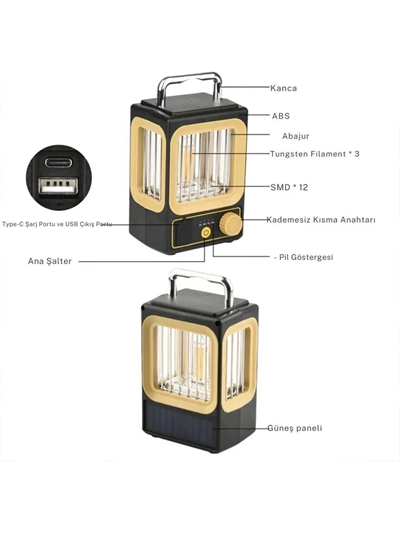 Ampul Solar Şarj Edilebilir 12 Led 1 Rustikli Led Kamp Lambası