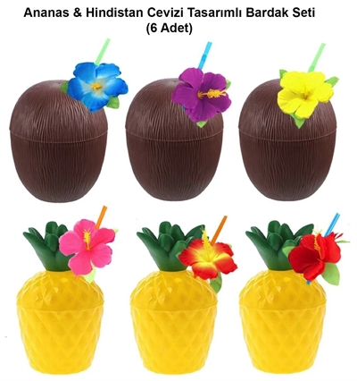 Ananas  Hindistan Cevizi Tasarımlı Pipetli Bardak Seti (6 Adet)