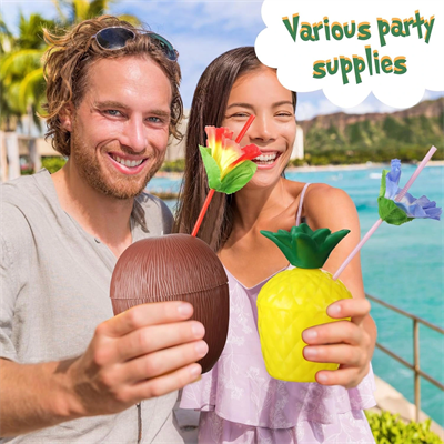 Ananas & Hindistan Cevizi Tasarımlı Pipetli Bardak Seti (6 Adet)