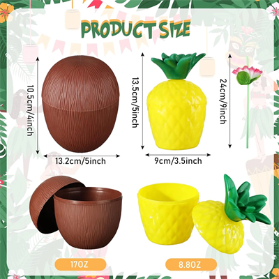 Ananas & Hindistan Cevizi Tasarımlı Pipetli Bardak Seti (6 Adet)