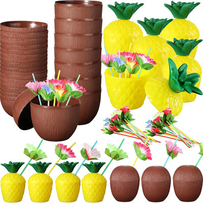 Ananas &amp; Hindistan Cevizi Tasarımlı Pipetli Bardak Seti (6 Adet) Bx40