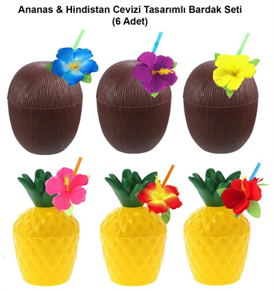Ananas &amp; Hindistan Cevizi Tasarımlı Pipetli Bardak Seti (6 Adet) Bx40