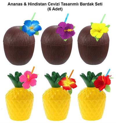 Ananas &amp; Hindistan Cevizi Tasarımlı Pipetli Bardak Seti (6 Adet) (3936)