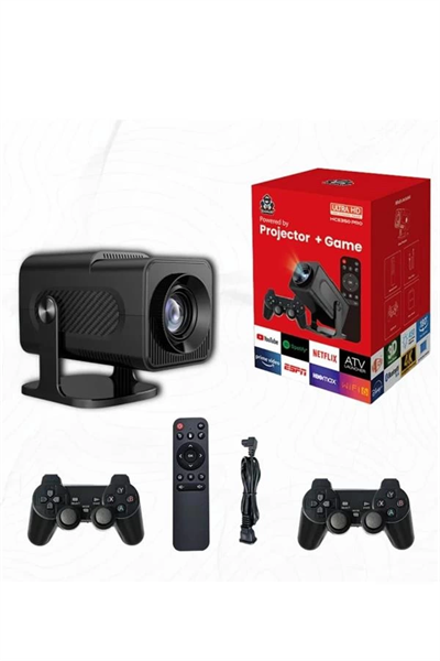 Android Projeksiyon Siyah Taşınabilir Sinema Projektörü 4k 1080p Ev Sineması Bluetooth