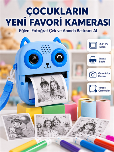 Anında Baskılı Çocuk Fotoğraf Makinesi Termal Yazıcılı Selfie Kamerası
