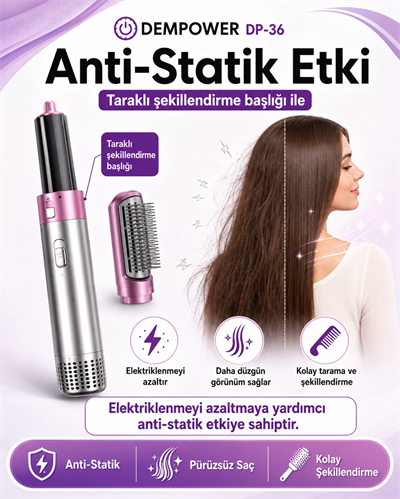Anti Statik Etkili 5 Başlıklı Saç Şekillendirici Sıcak Hava Fırçası ve Maşa Seti