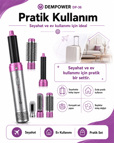 Anti Statik Etkili 5 Başlıklı Saç Şekillendirici Sıcak Hava Fırçası ve Maşa Seti