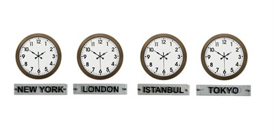 Antique World 36 cm Eskitme Metal 4’lü Dünya Saat Seti Tabelalı