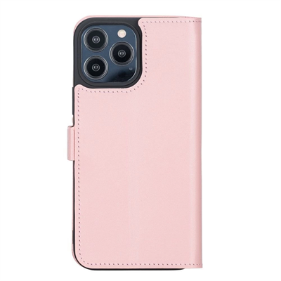 Apple iPhone 13 Pro Max Uyumlu Deri Cüzdanlı Kılıf Toz Pembe