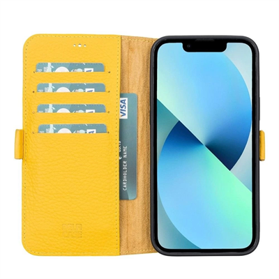Apple iPhone 13 Pro Max Uyumlu Deri Cüzdanlı Kılıf Limon Sarı