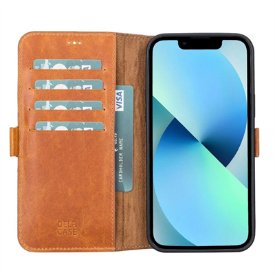 Apple iPhone 13 Pro Max Uyumlu Deri Cüzdanlı Kılıf Karamel