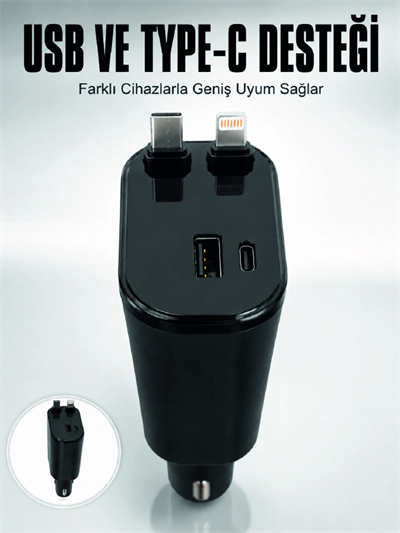 Araç Çakmaklık Şarj Cihazı 120W Type-C & Lightning Kablolu Çoklu Hızlı Şarj İstasyonu
