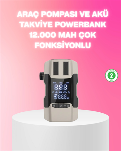 Araç Hava Pompası ve Akü Takviye Powerbank 12.000 mAh Çok Fonksiyonlu