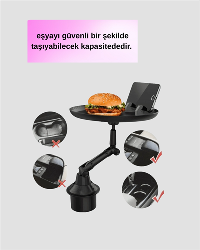Araç İçi 360° Ayarlanabilir Bardaklık Tepsisi Geniş Yüzeyli ve Telefon Standlı