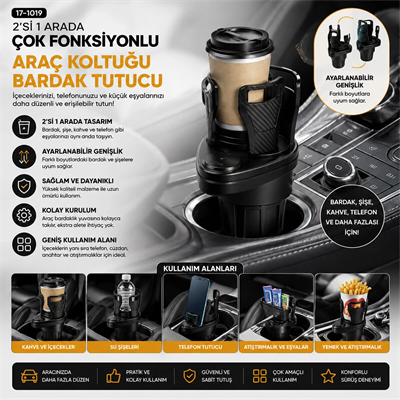 Araç İçi Çok Fonksiyonlu Bardak Tutucu - 2 Bölmeli 360° Dönebilen - Genişleyebilir Üst Hazne - Stand Cws-003 Bx40
