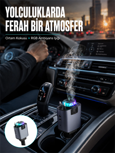 Araç İçi Çok Fonksiyonlu Şarj Cihazı Hava Nemlendirici Aroma ve Yıldız Işık Yeni Nesil