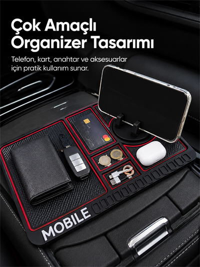 Araç İçi Kaydırmaz Organizer Mat Telefon Standlı Çok Amaçlı Konsol Düzenleyici