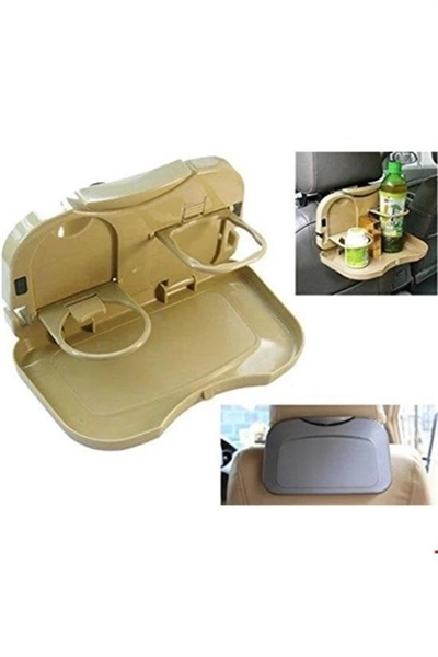 Araç İçi Koltuk Arkası Katlanabilir Bardak Tutuculu Bej Tepsi