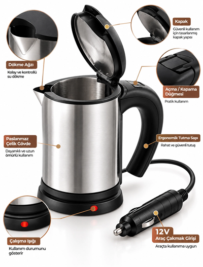 Araç İçi Kullanıma Uygun 12V Elektrikli Su Isıtıcı Paslanmaz Çelik Gövdeli Pratik Kettle