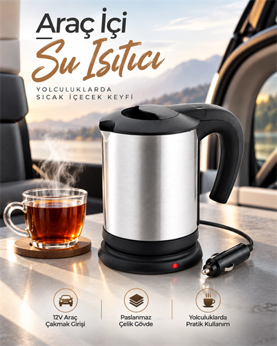 Araç İçi Kullanıma Uygun 12V Elektrikli Su Isıtıcı Paslanmaz Çelik Gövdeli Pratik Kettle
