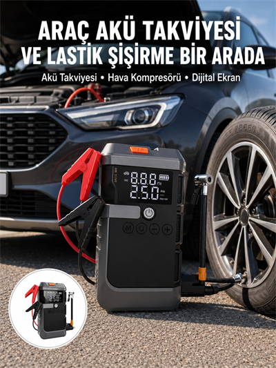 Araç İçin 4 Fonksiyonlu Akü Takviye ve Lastik Şişirme Cihazı Yeni Nesil