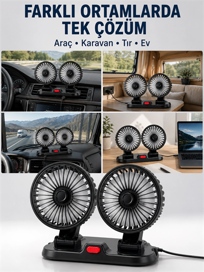 Araç, Karavan ve Tır İçin Çift Fanlı Mini Vantilatör