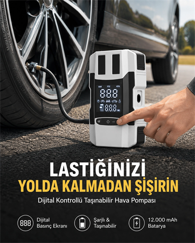 Araç Lastik Şişirme Pompası ve Akü Takviye Powerbank Bir Arada Yeni Nesil