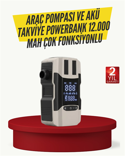 Araç Lastik Şişirme Pompası ve Akü Takviye Powerbank Bir Arada