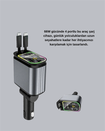Araç Şarj Cihazı 4 Portlu 66W Hızlı Şarjlı LED Işıklı ve 180° Dönebilir