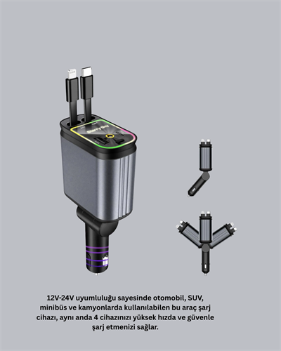Araç Şarj Cihazı 66W 4 Portlu Hızlı Şarj ve LED Işıklı