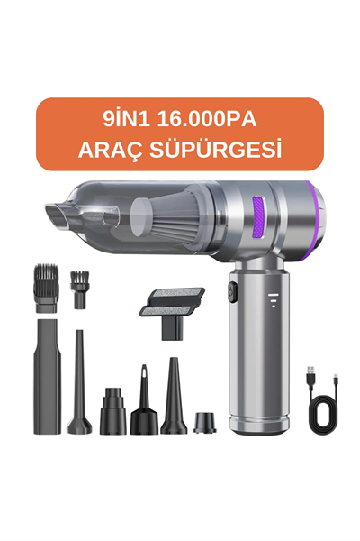 Araç içi süpürge şarjlı gümüş 0-250 watt 71-80 dba 2 yıl garantili 2-3 saat şarj süresi